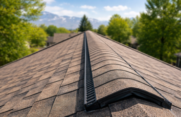 Ridge roof exhaust vent installed along peak of residential roof.