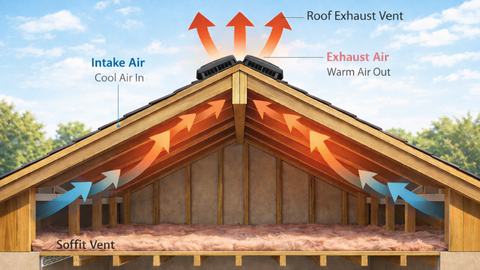  Roof exhaust vent system showing attic airflow from soffits to ridge.