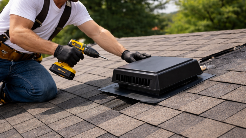 Contractor installing a roof exhaust vent on asphalt shingle roof.