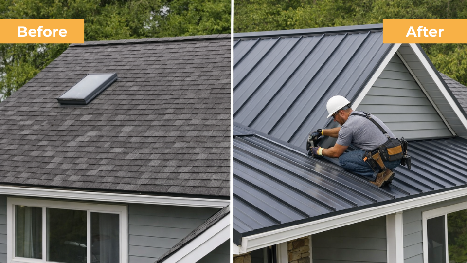 Metal roof over shingles before and after installation on residential home