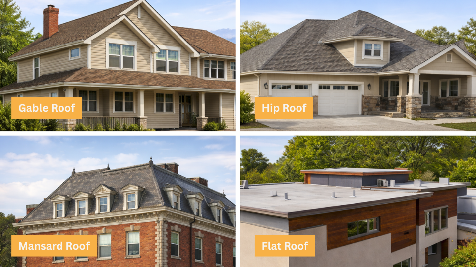 Different types of roofs on houses including gable, hip, mansard, and flat styles 