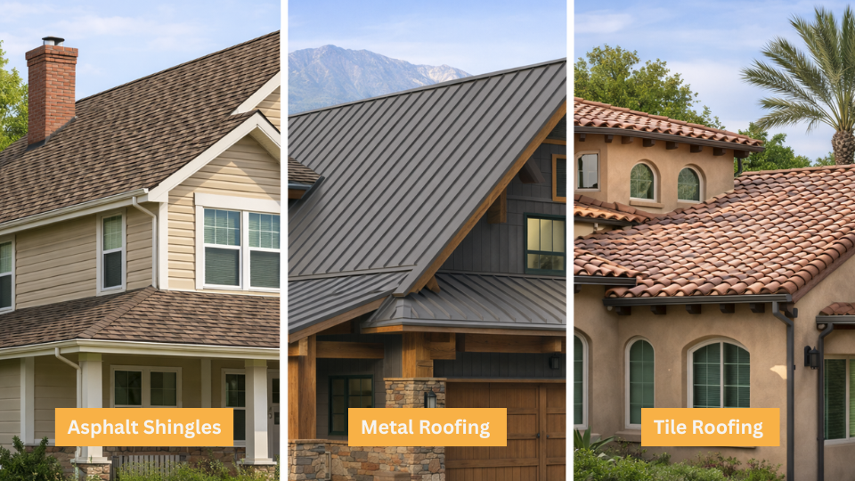 Different types of roofs using asphalt shingles, metal roofing, and tile roofing