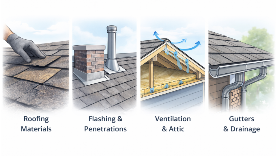 Roof inspection checklist showing shingles, flashing, ventilation, and gutters. 