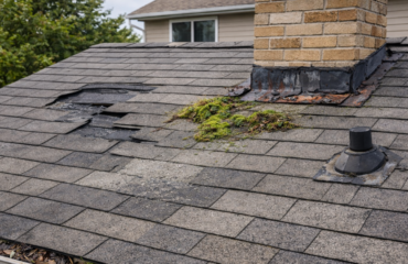 Common roofing problems including damaged shingles, chimney flashing, and moss growth