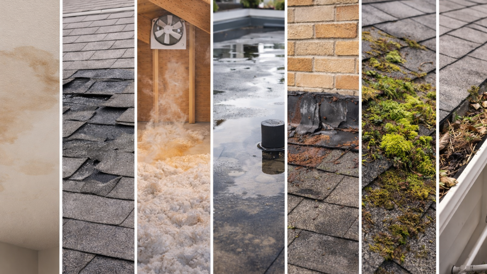 common roofing problems shown in multiple panels including leaks damaged shingles and clogged gutters