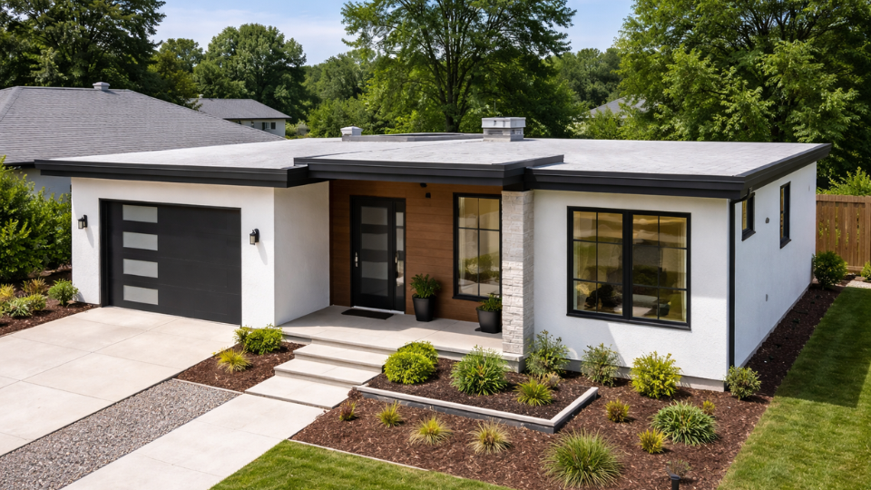 Flat roofs on residential home with modern low-slope design