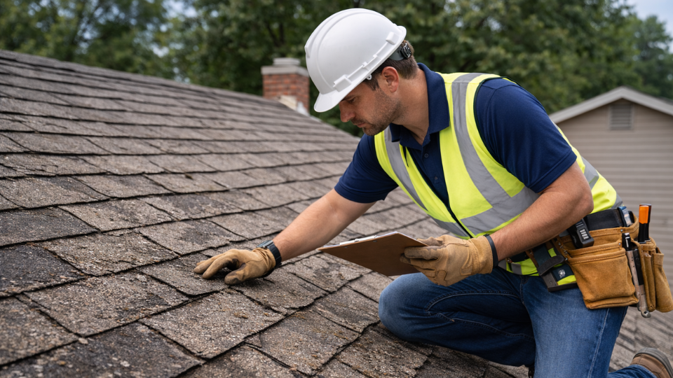how old is my roof inspection showing aging shingles and visible wear on residential roof 