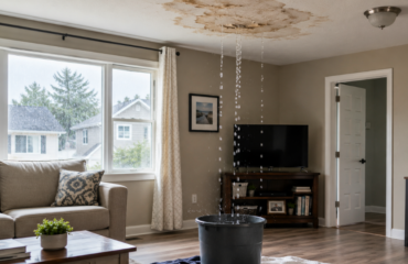 Emergency roof leak repair showing active ceiling leak and water damage inside a home