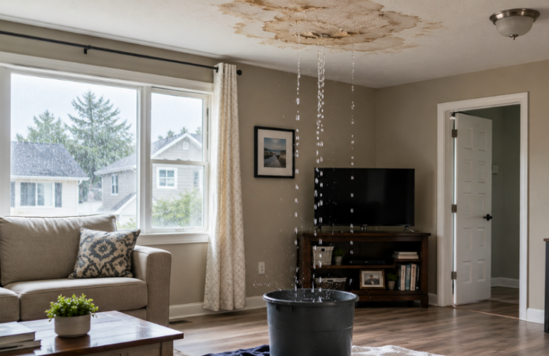 Emergency roof leak repair showing active ceiling leak and water damage inside a home