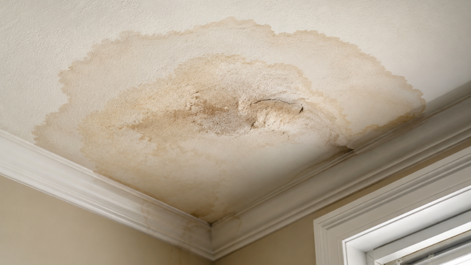 Ceiling water damage caused by an emergency leaking roof inside a residential home 