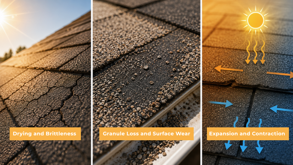 How UV rays affect asphalt shingles through cracking, granule loss, and long-term roof sunlight exposure 