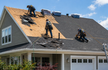 Roof replacement process showing workers removing old shingles and installing new roof on residential home