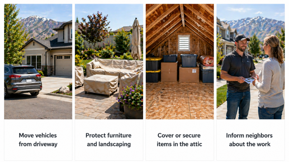 How to prepare for roof replacement showing moving vehicles, covering furniture, securing attic items and informing neighbors