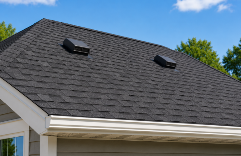 Types of roof vents shown on residential roof with box vents and soffit ventilation