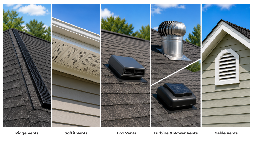 Different types of roof vents shown across five residential roof ventilation systems 