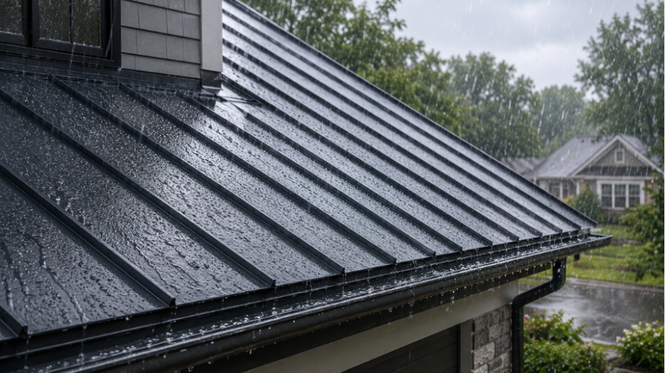 Rain sounds on roof during daytime storm over residential roofing materials and gutters