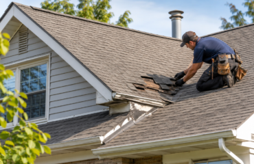 Roofing contractor repairing damaged shingles on a residential asphalt roof