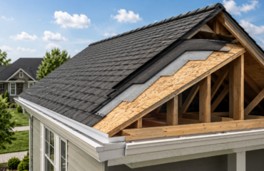 Roof layers shown in a cutaway view of a residential roof structure