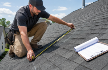 Roofer measuring shingles to calculate a roofing square on a home roof