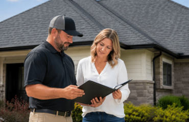 Roofing contractor reviewing warranty documents with a homeowner in front of a residential roof" style