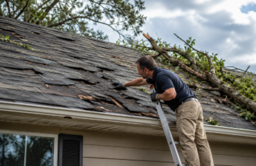 Roofing contractor on a ladder inspecting storm-damaged shingles with a fallen tree across the roof