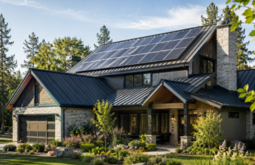 Modern home with a metal roof and solar panels surrounded by lush landscaping and mature trees