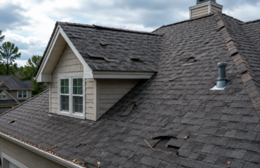 Wind damage to roof shingles after a storm on a residential home