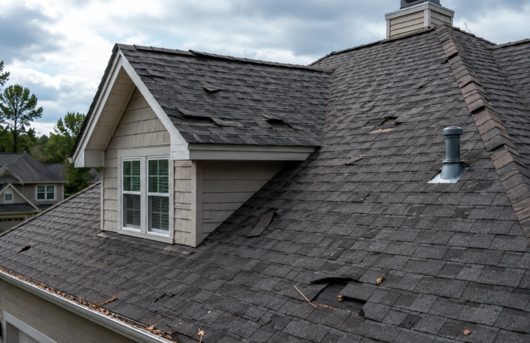 Wind damage to roof shingles after a storm on a residential home