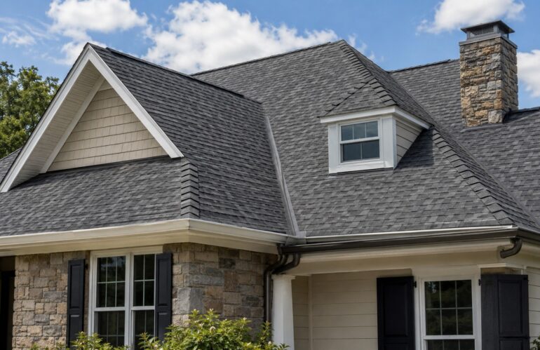A weathered asphalt shingle roof on a northern Utah home showing curling edges and granule loss.