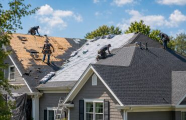 A roofing crew mid tear-off on a northern Utah home with a dumpster staged in the driveway.