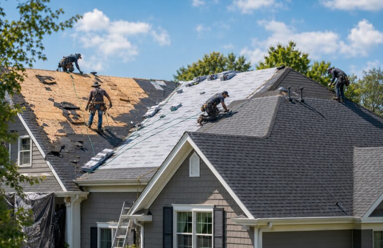 A roofing crew mid tear-off on a northern Utah home with a dumpster staged in the driveway.