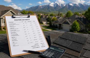 A roofing estimator measuring a northern Utah roof to prepare an itemized replacement estimate.