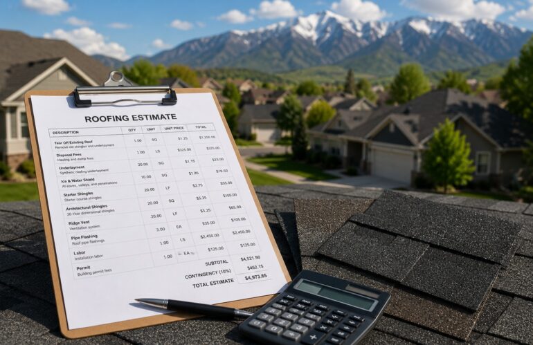 A roofing estimator measuring a northern Utah roof to prepare an itemized replacement estimate.
