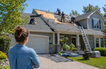A homeowner watching a roofing crew work from the driveway during a roof replacement.