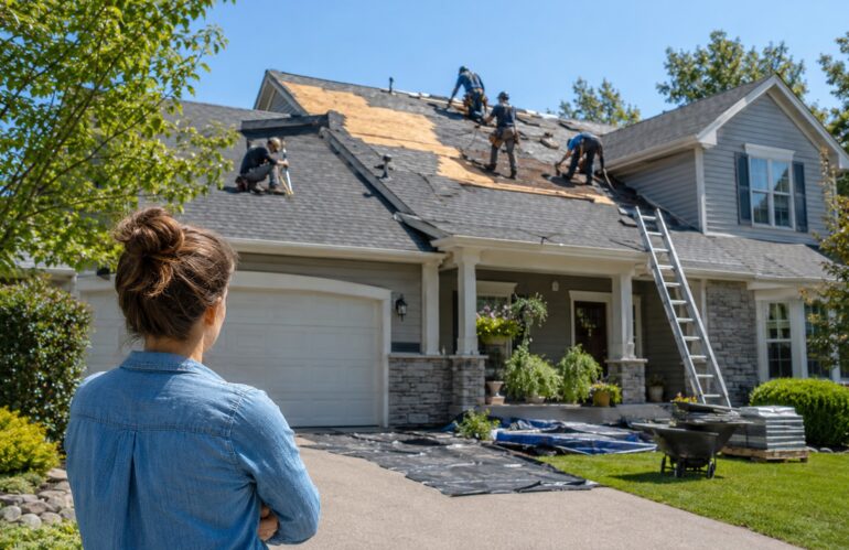 A homeowner watching a roofing crew work from the driveway during a roof replacement.