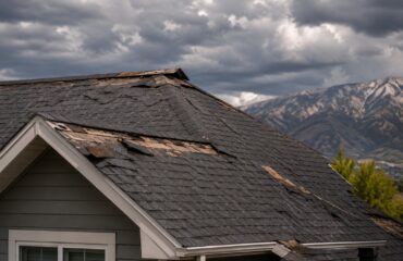 Lifted and creased asphalt shingles along a roof edge after a northern Utah canyon wind event.