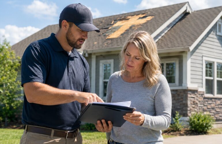 A roofing contractor and an insurance adjuster inspecting a storm damaged roof together in northern Utah.