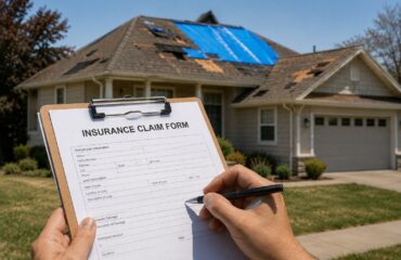 A homeowner reviewing an insurance denial letter alongside roof inspection photographs.
