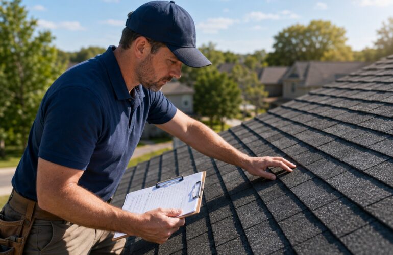 A roofing inspector photographing flashing during a pre-winter roof inspection in northern Utah