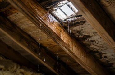 A flashlight tracing water staining along an attic rafter to locate a roof leak entry point.