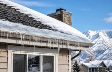 Ice dam and icicles built up along the eave of a snow covered northern Utah roof.